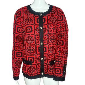 Stuart Alan  Cardigan Sweater Womens Size 10 Red Black‎ Geometric Patch Vintage